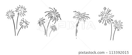 Set fireworks doodle line explosion radial sparkler with rays, hand drawn firecrackers simple and round decoration isolated on white background. Set fireworks doodle line explosion radial sparkler with rays, hand drawn firecrackers simple and round decoration isolated on white background. 113392015