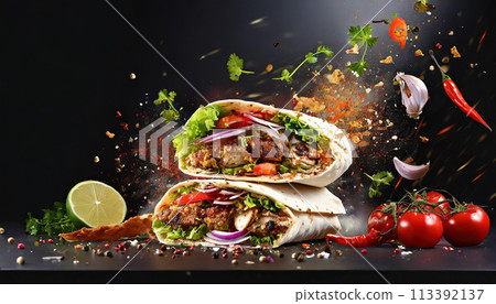 捲餅、麵包捲、三明治、沙瓦瑪、烤肉三明治、飛行配料、橫幅廣告 113392137