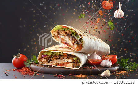 捲餅、麵包捲、三明治、沙瓦瑪、烤肉三明治、飛行配料、橫幅廣告 113392138