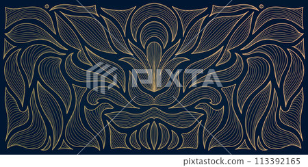 Vector art nouevau, artdeco fancy background, leaves floral ornament, gold on black vintage pattern. Flower drawing, luxury victoran drawing. Vector art nouevau, artdeco fancy background, leaves floral ornament, gold on black vintage pattern. Flower drawing, luxury victoran drawing. 113392165