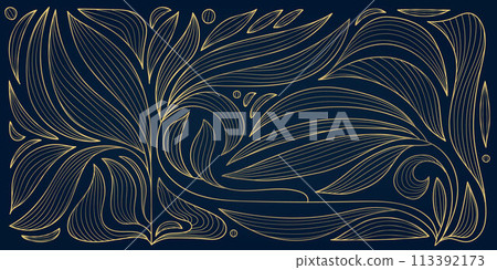 Vector art nouevau, artdeco fancy background, leaves floral ornament, gold on black vintage pattern. Flower drawing, luxury victoran drawing. Vector art nouevau, artdeco fancy background, leaves floral ornament, gold on black vintage pattern. Flower drawing, luxury victoran drawing. 113392173
