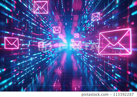 Digital background. Abstract glowing backdrop with mail icon, red blue neon lights. Advanced technology for fast communication through emails. Brightly colored futuristic envelopes. High speed motion 113392287