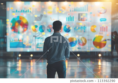 Business man stands in front of the whiteboard, looked at colorful graphs and charts. Data analysis for advertising campaign. Concept of rising sales, stock market trends research, financial growth 113392290
