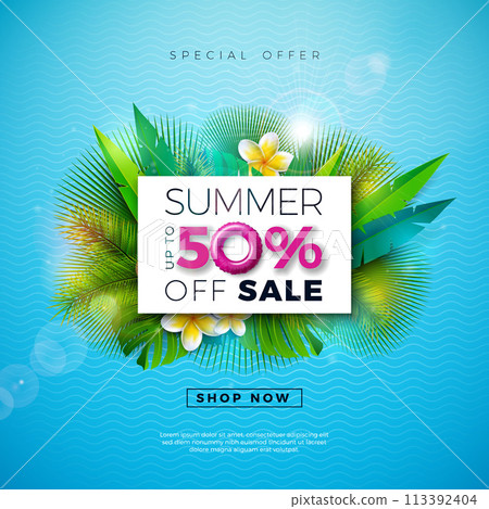 Summer Sale Design with Flower and Exotic Palm Leaves on Blue Background. Tropical Vector Special Offer Illustration with Typography Letter for Coupon, Voucher, Banner, Flyer, Promotional Poster Summer Sale Design with Flower and Exotic Palm Leaves on Blue Background. Tropical Vector Special Offer Illustration with Typography Letter for Coupon, Voucher, Banner, Flyer, Promotional Poster 113392404
