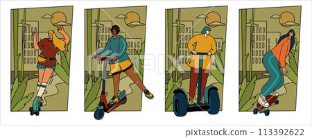 Girls travel by private transport. Urban mobile transport. Women on a skateboard. Women on roller skates. Women on segway. Women on scooter. The concept of ecology Girls travel by private transport. Urban mobile transport. Women on a skateboard. Women on roller skates. Women on segway. Women on scooter. The concept of ecology 113392622