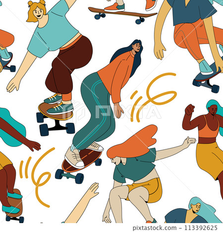Seamless pattern with women with skateboard. Cool cartoon charcaters in modern clothes. Vector illustration 113392625