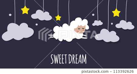 Cute cartoon-style sheep sleeps in the clouds. Wishing you good dreams. 113392626