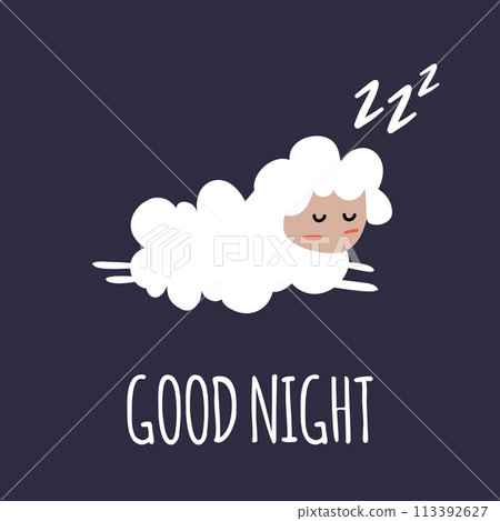 Cute lamb in cartoon style is sleeping. Good night wishes. 113392627