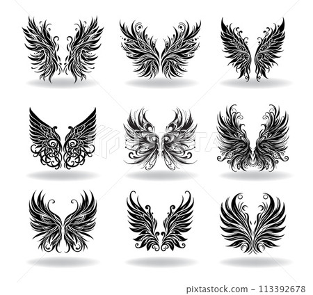 Collection of vector wings the style of engraving 113392678