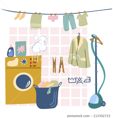 Home laundry. Washing machine and clothesline. Washing dirty clothes. Household chemicals. Vector illustration in cartoon style. Home laundry. Washing machine and clothesline. Washing dirty clothes. Household chemicals. Vector illustration in cartoon style. 113392723