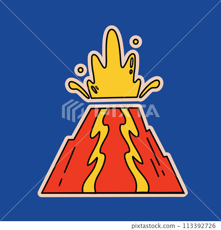Volcano in cartoon style. A sticker of an erupting volcano. Volcano in cartoon style. A sticker of an erupting volcano. 113392726