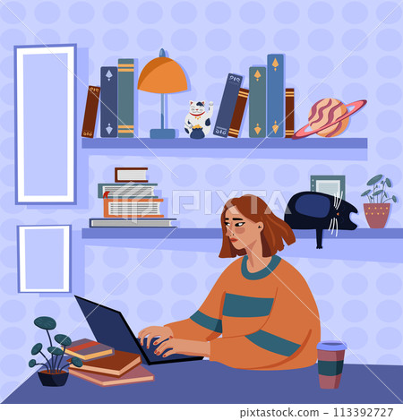 Vector illustrations - the concept of online work at home. The woman at the computer. Vector illustrations - the concept of online work at home. The woman at the computer. 113392727