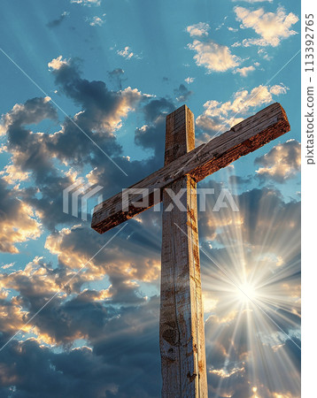 Christian cross against the sky. Christian religion. Easter 113392765