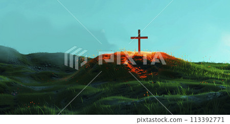 Christian cross against the sky over the mountains. Christian religion. Easter 113392771