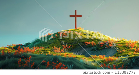 Christian cross against the sky over the mountains. Christian religion. Easter 113392772