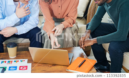 Multinational people looking at laptops in casual lobby Multinational people looking at laptops in casual lobby 113392835