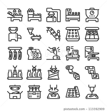 Food processing Food factory icon set 113392909