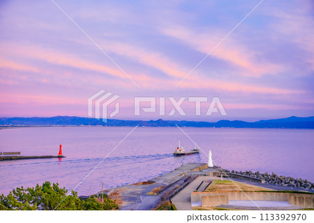 [靜岡縣]在粉紅色的夕陽下，一艘船從田子浦港出發 113392970