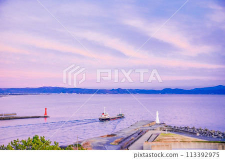 [靜岡縣]在粉紅色的夕陽下，一艘船從田子浦港出發 113392975