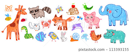 Child drawings set of cute animals Child drawings set of cute animals 113393155