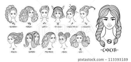 Set of zodiac signs line art girls Set of zodiac signs line art girls 113393189