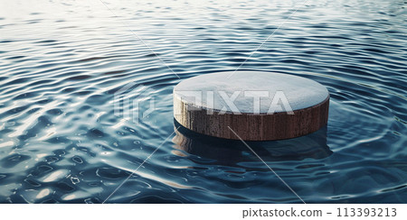 Round podium on a water background. Empty pedestal for presentation. 113393213