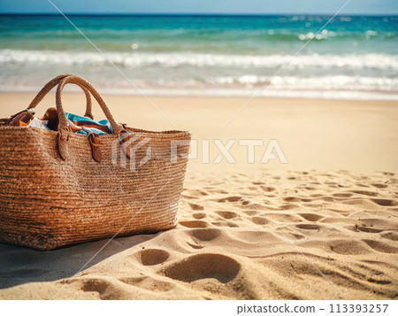 Beach bag in sand in tropical tourist resort by the ocean Beach bag in sand in tropical tourist resort by the ocean 113393257