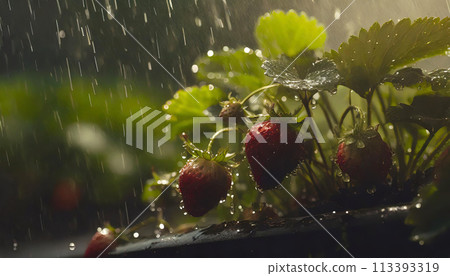 Ripe strawberry fruit in summer shower rain 113393319