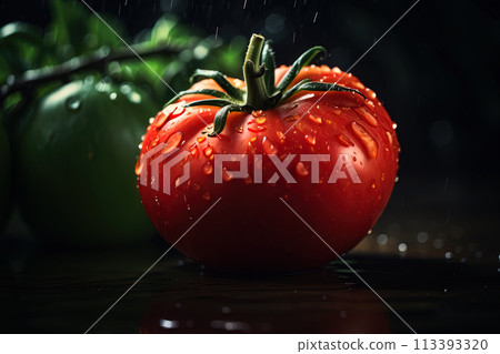 Wet ripe tomato fruit in rain 113393320