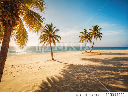 Tropical seaside paradise, palm trees and sandy beach at tourist resort 113393321
