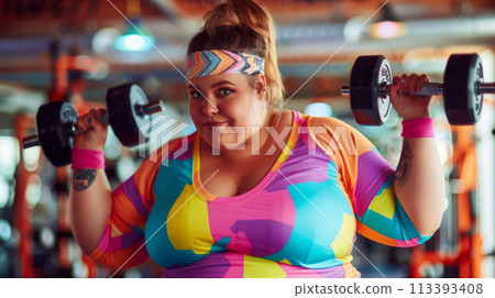 Curvy Woman Exercising with Dumbbells at Gym Curvy Woman Exercising with Dumbbells at Gym 113393408