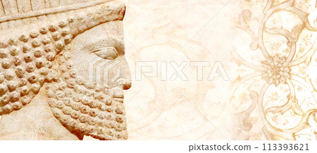 Grunge backdrop with bas-relief of face of assyrian warrior, Persepolis, Iran. Horizontal background with embossed image persian bearded man. Mock up template. Copy space for text Grunge backdrop with bas-relief of face of assyrian warrior, Persepolis, Iran. Horizontal background with embossed image persian bearded man. Mock up template. Copy space for text 113393621