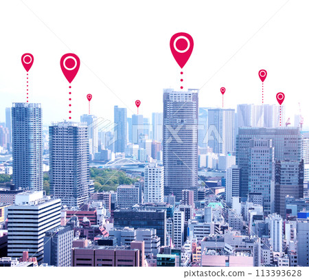 Network connection concept. Aerial view on Tokyo capital city of Japan with red location pin. Global positioning system pin map. Map pins in Tokyo. Modern travel, sightseeing and tourism concept 113393628