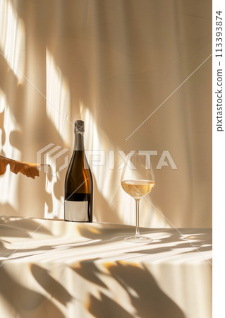 A bottle of champagne and a wine glass are on a table A bottle of champagne and a wine glass are on a table 113393874