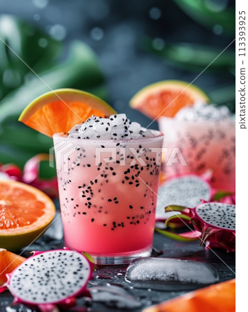 Iced drink in glass with dragon fruit and ice cubes on blue bokeh background. Tropical fruit soda water 113393925