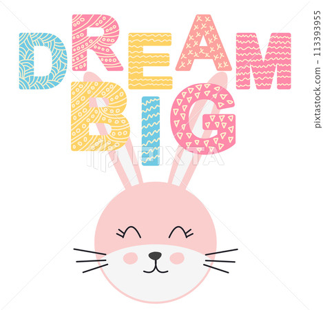 Cute face of an animal with lettering. Childish print for nursery in a Scandinavian style. baby posters, cards, clothes 113393955