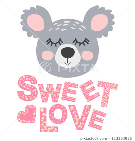 Cute face of an animal with lettering. Childish print for nursery in a Scandinavian style. baby posters, cards, clothes 113393956