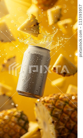 Aluminum can with pineapple pieces and splash on vibrant yellow background. Exotic tropical fruit soda water 113393957