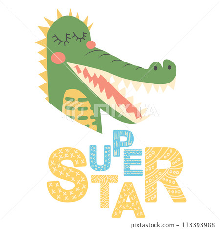 Cute face of an animal with lettering. Childish print for nursery in a Scandinavian style. baby posters, cards, clothes 113393988