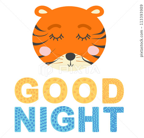 Cute face of an animal with lettering. Childish print for nursery in a Scandinavian style. baby posters, cards, clothes 113393989