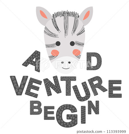 Cute face of an animal with lettering. Childish print for nursery in a Scandinavian style. baby posters, cards, clothes 113393999
