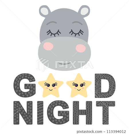 Cute face of an animal with lettering. Childish print for nursery in a Scandinavian style. baby posters, cards, clothes Cute face of an animal with lettering. Childish print for nursery in a Scandinavian style. baby posters, cards, clothes 113394012