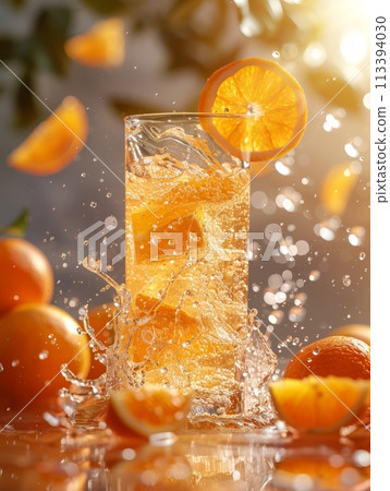 Glass of orange juice with slice of orange, water splashes and slices on oranges on background. Warm sunny image. Summer vibe 113394030