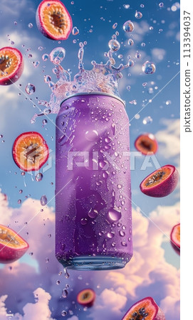 Purple drink-can against white clouds with slices of passionfruit and small ice cubes flying around. 113394037