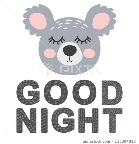 Cute face of an animal with lettering. Childish print for nursery in a Scandinavian style. baby posters, cards, clothes 113394038
