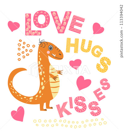 Scandinavian hand drawn illustration with dinosaur, dragon for greeting card, t-shirt, print, stickers, poster design 113394042