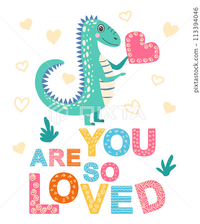 Scandinavian hand drawn illustration with dinosaur, dragon for greeting card, t-shirt, print, stickers, poster design 113394046