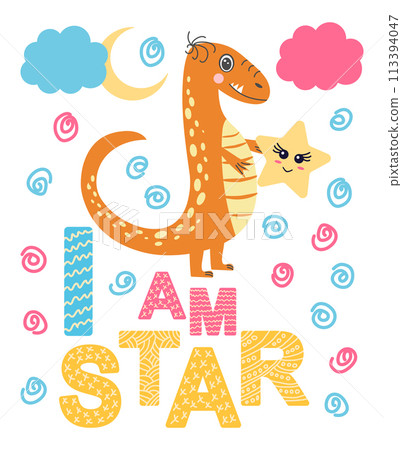 Scandinavian hand drawn illustration with dinosaur, dragon for greeting card, t-shirt, print, stickers, poster design 113394047