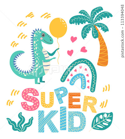 Scandinavian hand drawn illustration with dinosaur, dragon for greeting card, t-shirt, print, stickers, poster design 113394048