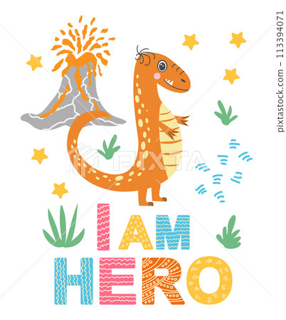 Scandinavian hand drawn illustration with dinosaur, dragon for greeting card, t-shirt, print, stickers, poster design 113394071